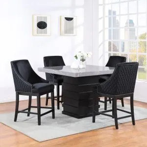 Grey Faux Marble Counter Table & 4 Black Arm Chairs