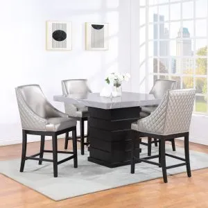 Grey Faux Marble Counter Table & 4 Silver PU Arm Chairs