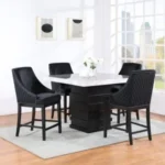 White Faux Marble Counter Table & 4 Black Arm Chairs
