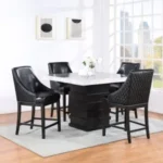 White Faux Marble Counter Table & 4 Black PU Arm Chairs
