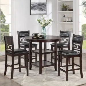 Round Counter Table & 4 Black PU Chairs