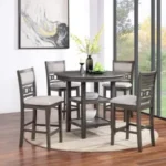 Round Grey Counter Table & 4 Fabric Chairs