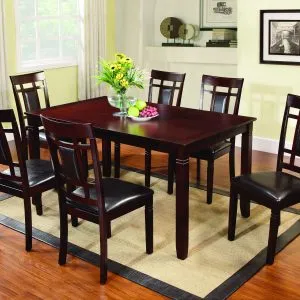 Dark Wood Dining Table & 6 Black PU Chairs
