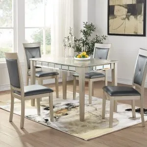 Mirrored Dining Table & 4 Grey PU Chairs