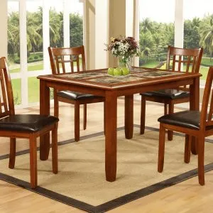 Light Brown Wood Dining Table & 4 Black PU Chairs