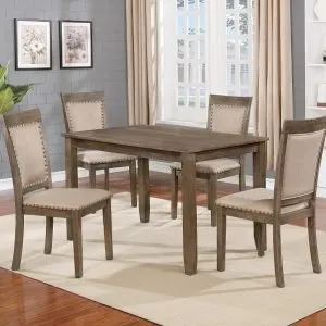Rustic Wood Dining Table & 4 Upholstered Chairs