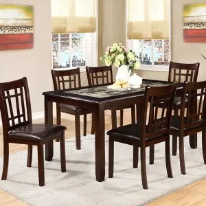 Dark Wood Dining Table & 6 Black PU Chairs