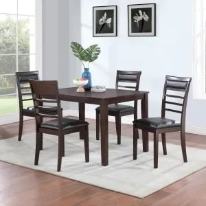 Dark Wood Dining Table & 4 Black PU Chairs