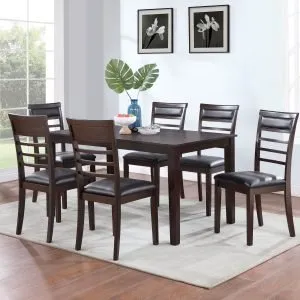Dark Wood Dining Table & 6 Black PU Chairs