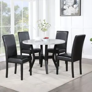 Modern White Marble Round Dining Table & 4 Black PU Leather Chairs