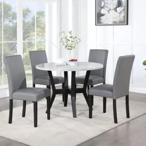 Modern White Marble Round Dining Table & 4 Gray PU Leather Chairs