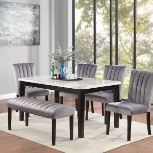 TABLE, 4 CHAIRS, BENCH - Elegant Grey Set