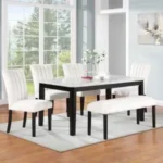 TABLE, 4 CHAIRS, BENCH - Elegant White Set