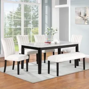 TABLE, 4 CHAIRS, BENCH - Elegant White Set