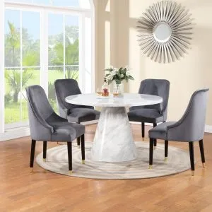 TABLE & 4 CHAIRS - White Faux Marble with Grey Chairs