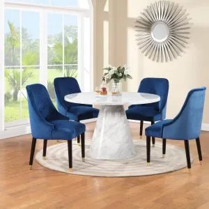TABLE & 4 CHAIRS - White Faux Marble with Royal Blue Chairs