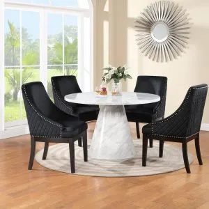 TABLE & 4 CHAIRS - White Faux Marble with Black Armchairs