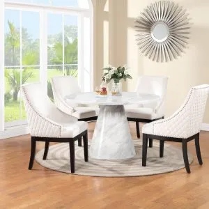 TABLE & 4 CHAIRS - White Faux Marble with Cream Armchairs