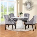 TABLE & 4 CHAIRS - White Faux Marble with Grey Armchairs