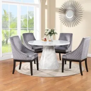 TABLE & 4 CHAIRS - White Faux Marble with Grey Armchairs
