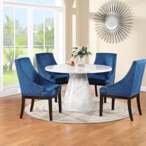 TABLE & 4 CHAIRS - White Faux Marble with Royal Blue Armchairs