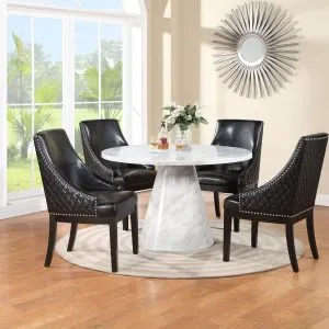 TABLE & 4 CHAIRS - White Faux Marble with Black PU Armchairs