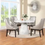 TABLE & 4 CHAIRS - White Faux Marble with Silver PU Armchairs