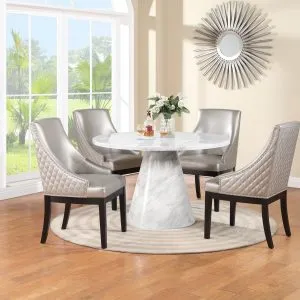 TABLE & 4 CHAIRS - White Faux Marble with Silver PU Armchairs