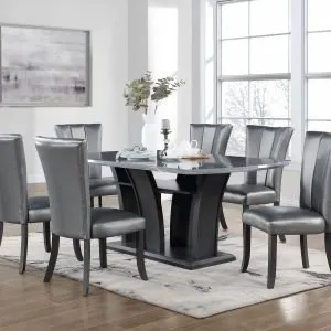 TABLE & 4 CHAIRS - Grey Faux Marble Dining Set with Silver PU Chairs