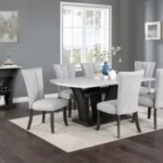 TABLE & 4 CHAIRS - White Faux Marble Dining Set with Light Grey Chairs