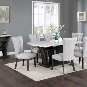 TABLE & 4 CHAIRS - White Faux Marble Dining Set with Light Grey Chairs