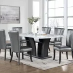 TABLE & 4 CHAIRS - White Faux Marble Dining Set with Silver PU Chairs