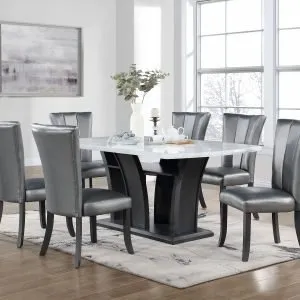 TABLE & 4 CHAIRS - White Faux Marble Dining Set with Silver PU Chairs