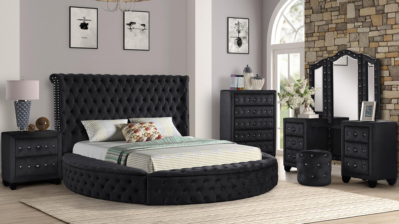 HAZEL KING 5 PC VANITY BEDROOM SET IN BLACK