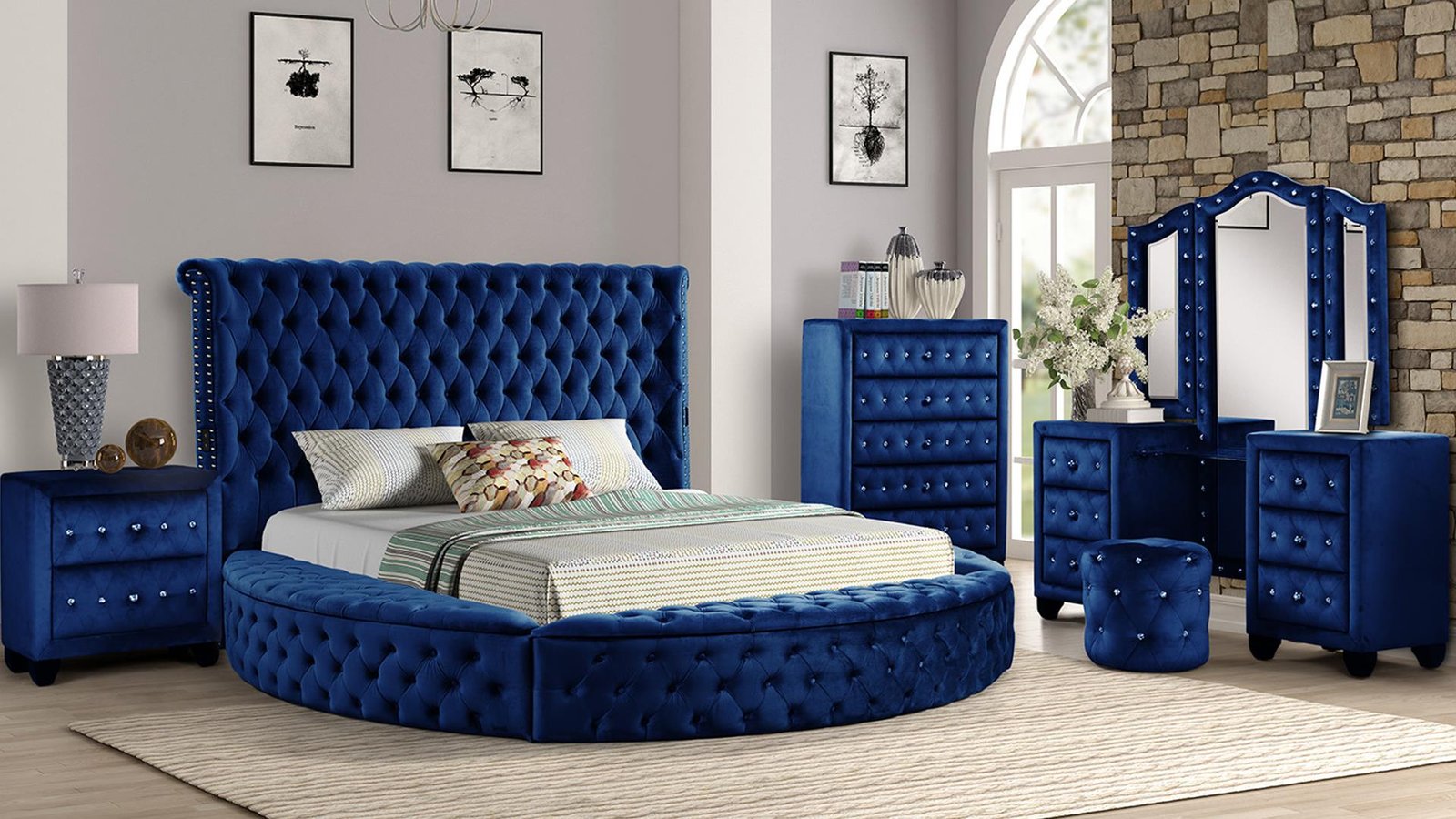 HAZEL KING 5 PC VANITY BEDROOM SET IN NAVY