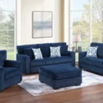 Elegant Navy Blue Striped Fabric Living Room Set