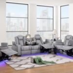 Light Gray LED Power Reclining Sofa Set